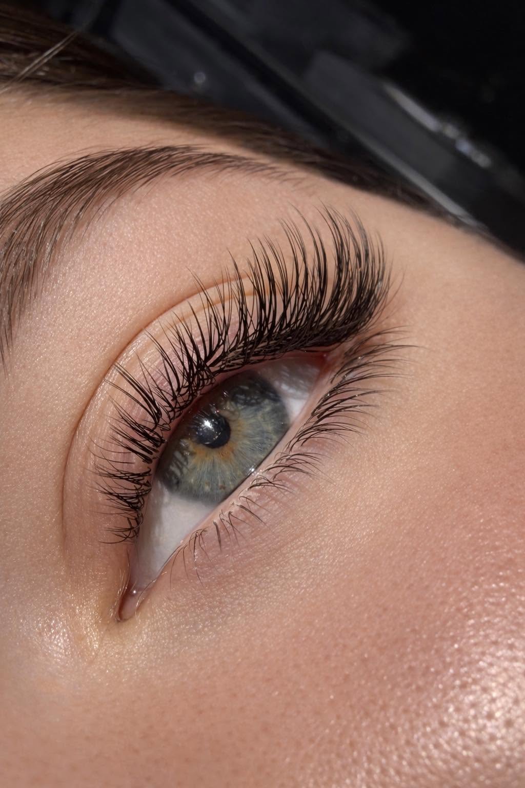 Close detail of lash extensions and brows by Beauty by O’Shade